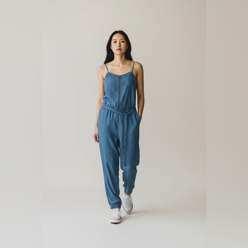 -NWT-Gap Denim Jogger Jumpsuit Spaghetti Strap Belted Size M